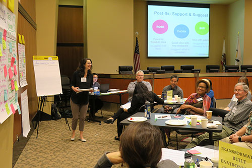 Planning workshop participants use different colored sticky notes to vote on their favorite ideas for reducing urban heat island effect.